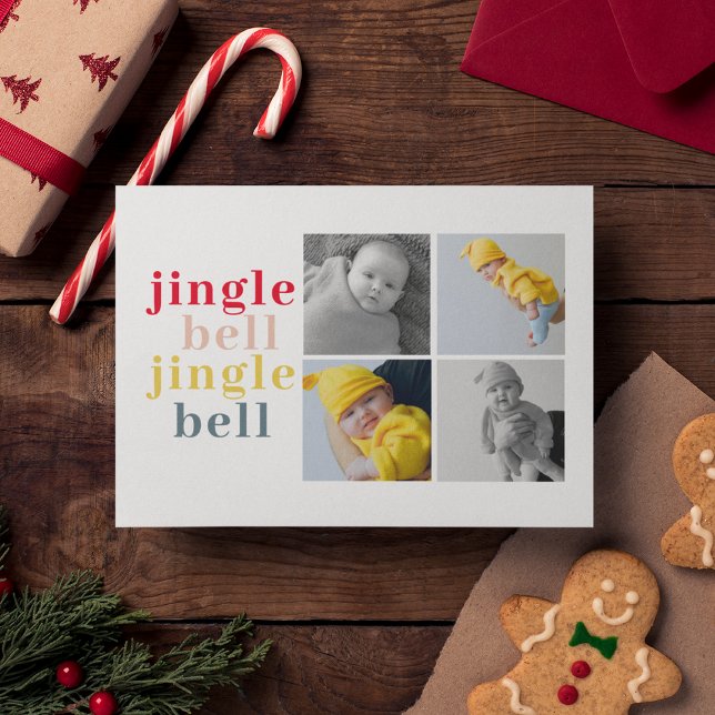 vier Fotos zusammenfassen | Farbenfrohe Jingle Bel Postkarte (Von Creator hochgeladen)