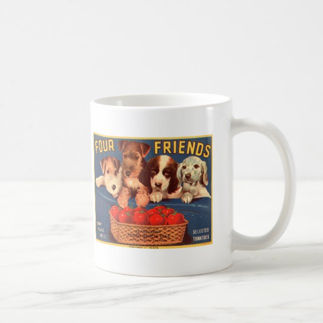 Vier Freund-Vintage Tomate-Kisten-Aufkleber-Hunde Kaffeetasse (Rechts)
