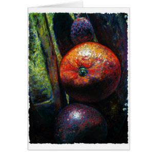 Vier Früchte: Orange, Banane, Pflaumen, Lychee