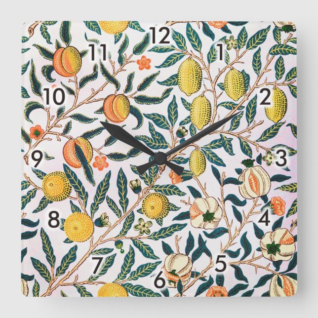Vier Früchte, William Morris Quadratische Wanduhr (Vorderseite)