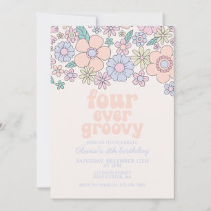 Vier für immer Groovy Retro Blumen 4. Geburtstag Einladung