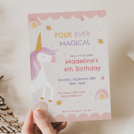 Vier für immer magisches Einhorn Rosa Mädchen Gebu Einladung