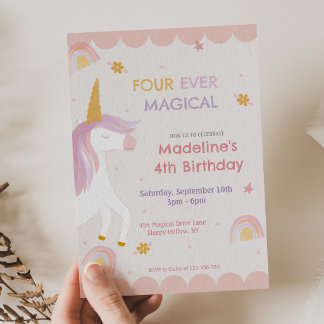 Vier für immer magisches Einhorn Rosa Mädchen Gebu Einladung