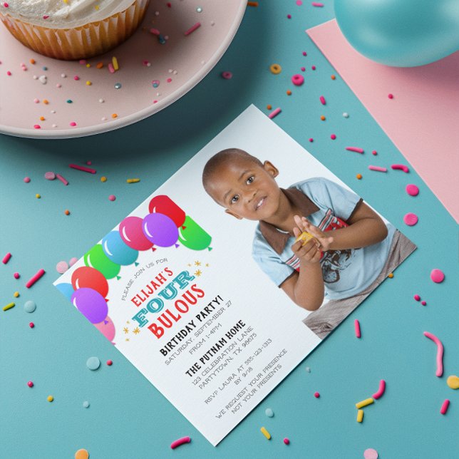 VIER Geburtstag Balloon Blue Foto Einladung (Von Creator hochgeladen)