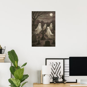 Vier Geister unter dem Vollmond auf dem Friedhof Poster
