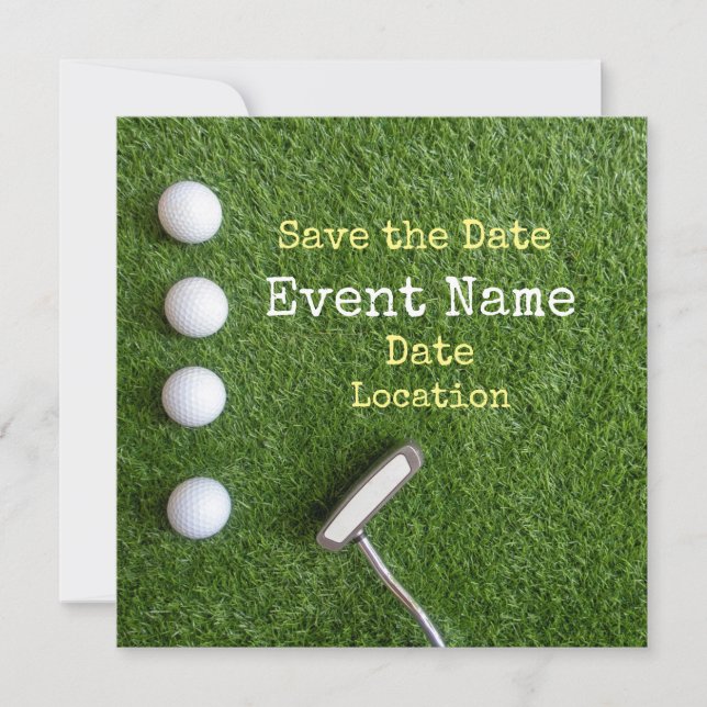 Vier Golfbälle mit Putter Save the Date auf Grün Ankündigung (Vorderseite)
