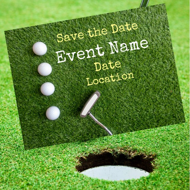 Vier Golfbälle Save the Date mit Putter Ankündigungspostkarte (Von Creator hochgeladen)