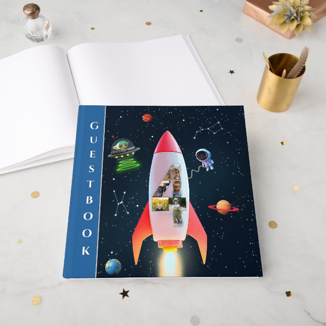 Vier große Fotos | Weltraumbahnhof 4. Geburtstag Gästebuch (Vorderseite Offen)