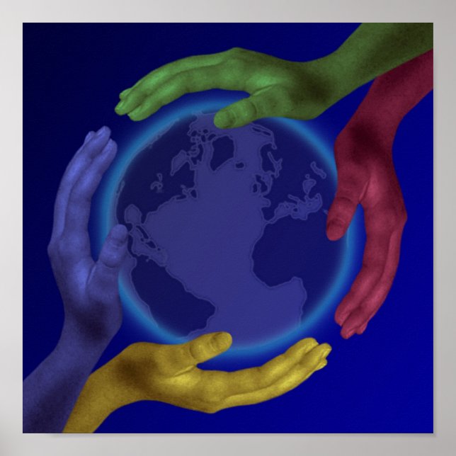 Vier Hände auf dem Earth Poster (Vorne)