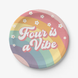Vier ist ein Vibe Retro 70er Rainbow Daisy Birthda Pappteller