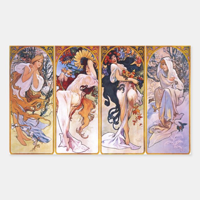 Vier Jahreszeiten durch Alphonse Mucha 1895 Rechteckiger Aufkleber (Vorderseite)