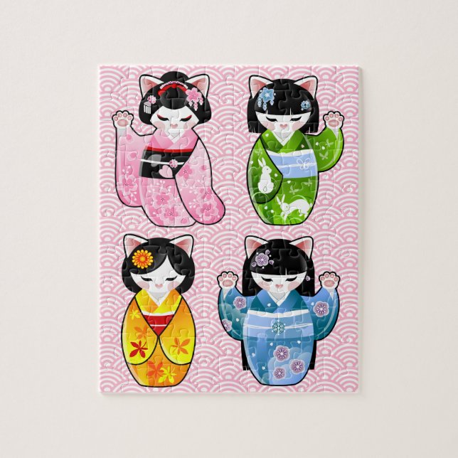 Vier Jahreszeiten Maneki Neko Kawaii Katzen-Kimono (Vertikal)