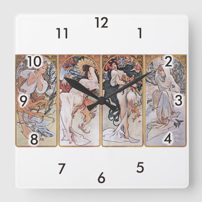 Vier Jahreszeiten, Mucha Quadratische Wanduhr (Vorderseite)