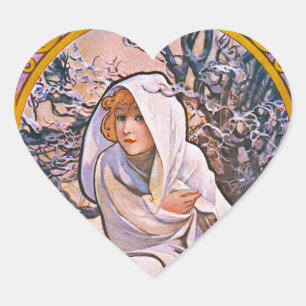 Vier Jahreszeiten von Alfons Mucha Art Deco Nouvea Herz-Aufkleber
