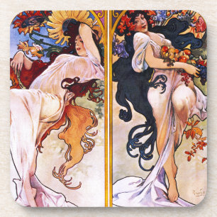 Vier Jahreszeiten von Alfons Mucha Art Deco Nouvea Untersetzer