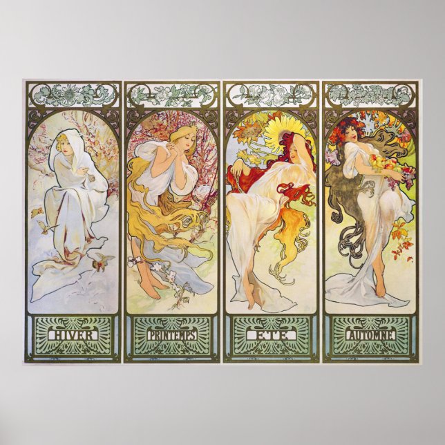 Vier Jahreszeiten von Alphonse Mucha Poster (Vorne)