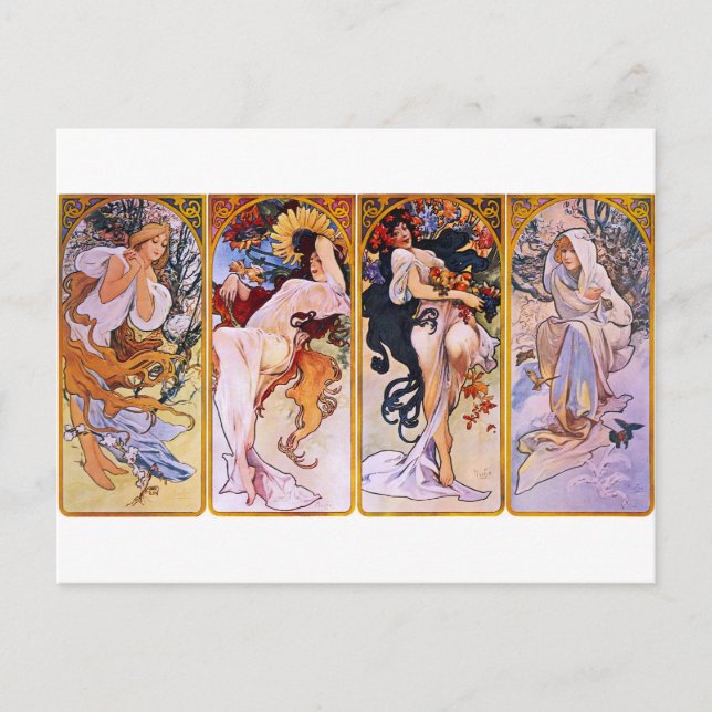 Vier Jahreszeiten von Alphonse Mucha Postkarte (Vorderseite)