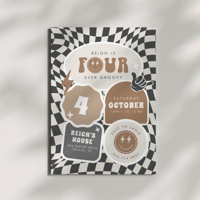 Vier je Groovy | Boys Viertes Retro Skater Party Einladung (Von Creator hochgeladen)