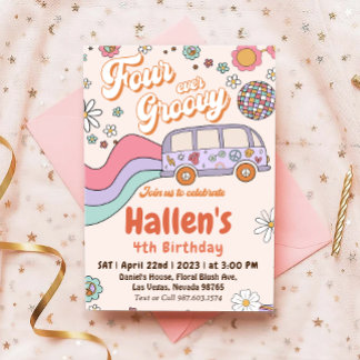 Vier je Groovy Retro Boho Rainbow 4. Geburtstag Einladung