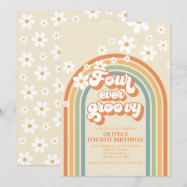 Vier je Groovy Retro Rainbow Daisy Geburtstag Einladung