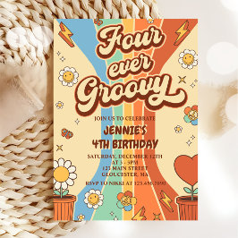 Vier je Groovy Retro Regenbogen 4. Geburtstag Einladung