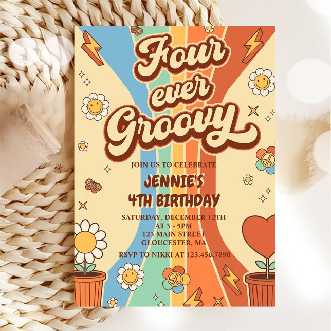 Vier je Groovy Retro Regenbogen 4. Geburtstag Einladung (Von Creator hochgeladen)