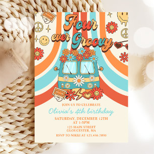 Vier je Groovy Retro Regenbogen 4. Geburtstag Einladung