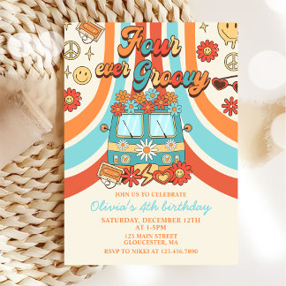 Vier je Groovy Retro Regenbogen 4. Geburtstag Einladung