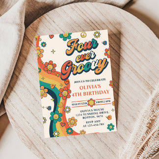 Vier je Groovy Retro Regenbogen 4. Geburtstag Einladung