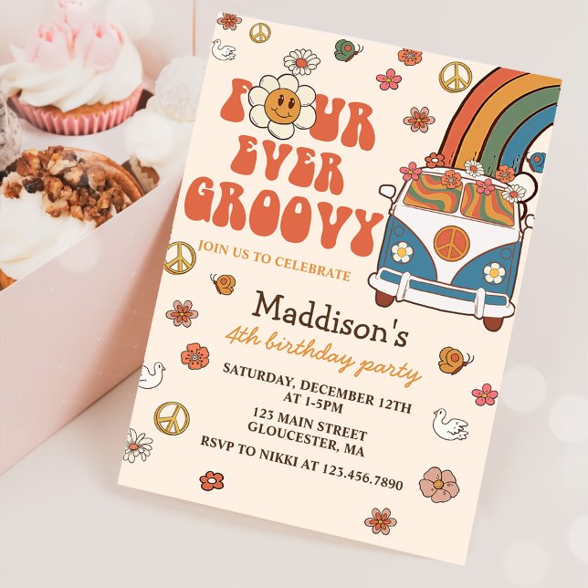 Vier je Groovy Retro Regenbogen 4. Geburtstag Einladung (Von Creator hochgeladen)