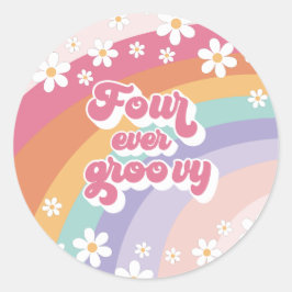 Vier je Groovy Retro Regenbogen 4. Geburtstag Runder Aufkleber