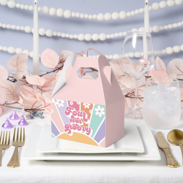 Vier je Groovy Retro Sunshine Rainbow Daisy Geschenkschachtel (Hochzeit)