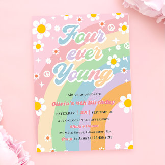 Vier Junge Groovy Daisy Rainbow 4. Geburtstag Einladung