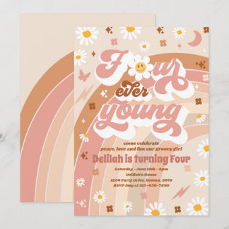 Vier Junge Groovy Regenbogen 4. Geburtstag Party Einladung