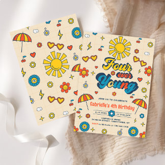 Vier Junge Groovy Retro Daisy 4. Geburtstag Einladung