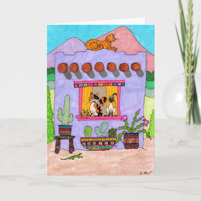 Vier Katzen in einem Lila Adobe House Karte (Vorderseite)