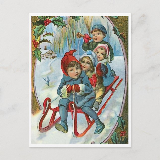 Vier Kinder auf Schlitten, Winter, Vintager Urlaub Postkarte (Vorderseite)