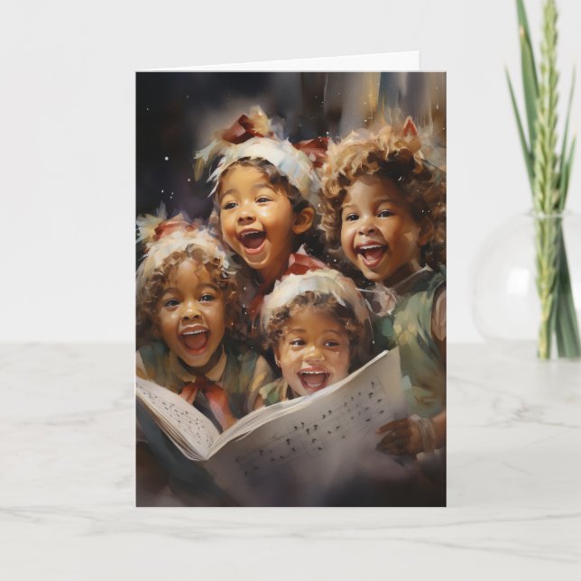 Vier Kinder singen AI Assisted Art Weihnachten Karte (Vorderseite)
