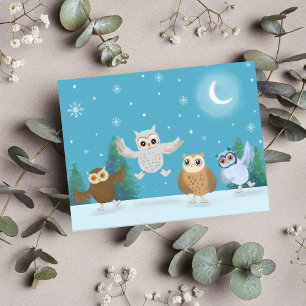 Vier kleine Eulen beim Eislaufen Postkarte