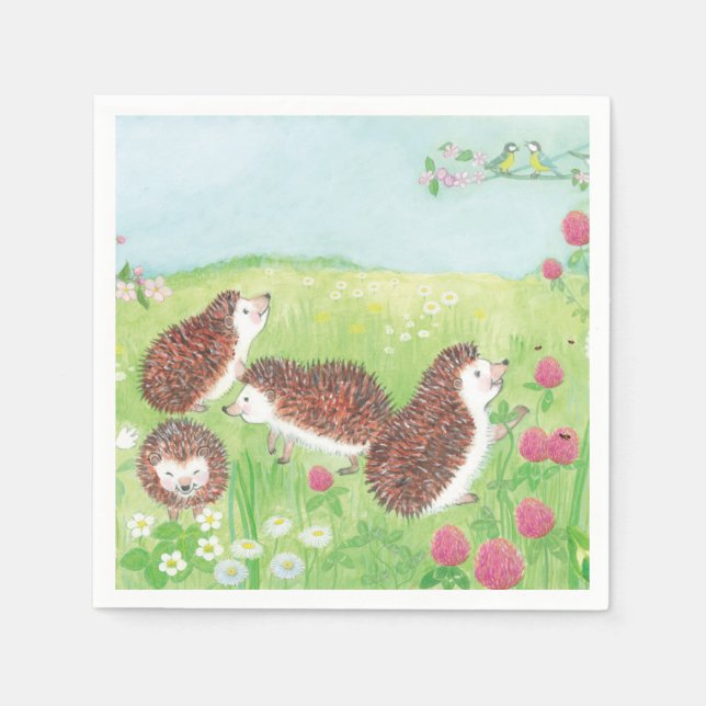 Vier kleine Igel auf der Wiese Serviette (Vorderseite)