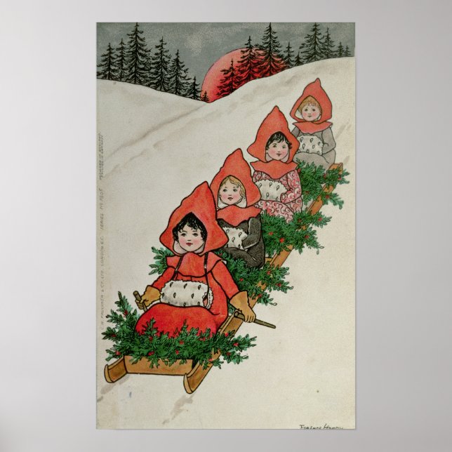 Vier kleine Mädchen auf einem Schlitten Poster (Vorne)