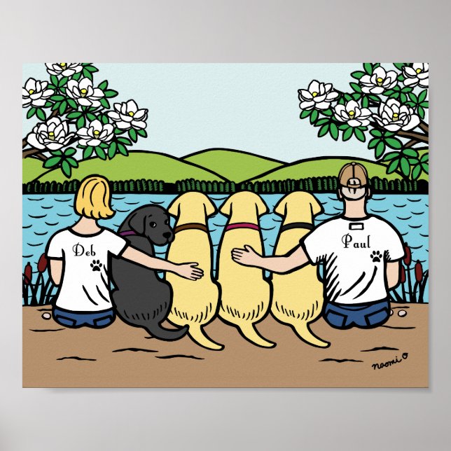 Vier Labradoren und Eltern zum See Poster (Vorne)
