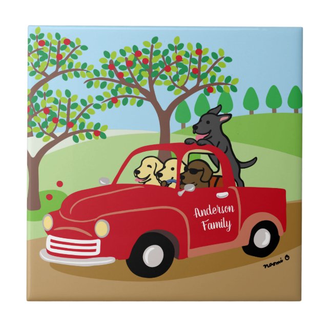 Vier Labradoren und Red Truck Family Fliese (Vorderseite)