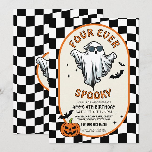 Vier Mal ist Spooky Ghosts Bats Halloween-Party Einladung (Vorne/Hinten)