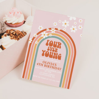 Vier mal Junge Sommerregenbogen 4. Geburtstag Einladung