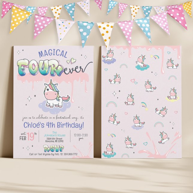 VIER Mal Magical Unicorn Niedlich Girl 4. Geburtst Einladung (Magical Forever cute girly kawaii unicorn rainbow pink purple graffiti magic 4th birthday invitation)