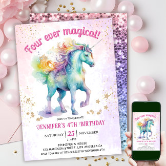 Vier mal magisch | Unicorn Glitzer 4. Geburtstag Einladung