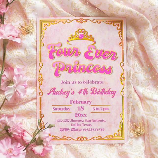 Vier-mal-Prinzessin - Mädchen 4. Geburtstag Einladung (Four Ever Princess - Girl 4th Birthday Invitation)