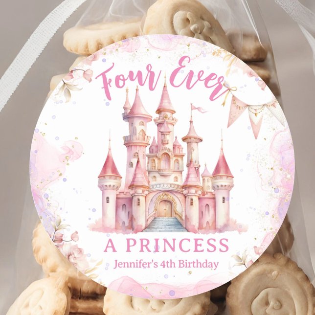 Vier Mal pro Princess Pink Castle Girl 4. Geburtst Runder Aufkleber (Von Creator hochgeladen)