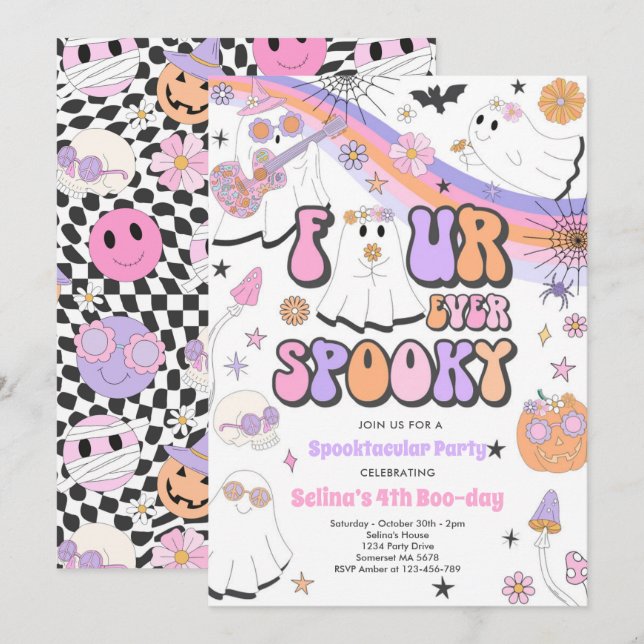 Vier mal Spooky Halloween Groovy Ghost Geburtstag Einladung (Vorne/Hinten)